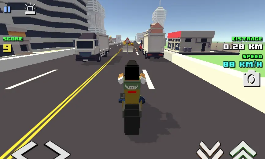 Blocky Rider gameplay - voxel motorcycle weaving through city traffic